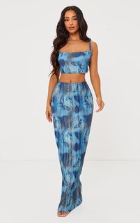 PrettyLittleThing Миниатюрная синяя плиссированная длинная юбка с принтом бабочки