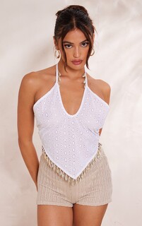 PrettyLittleThing Белый укороченный топ с бретельками и бретельками Broderie