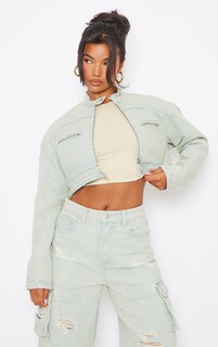 PrettyLittleThing Укороченная джинсовая куртка с байкерскими деталями ледяного синего цвета в винтажном стиле