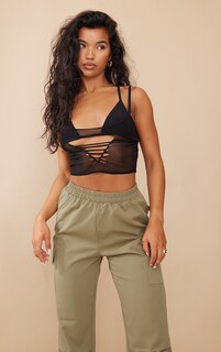 PrettyLittleThing Черный укороченный топ с бретельками из сетки и лазерной резкой