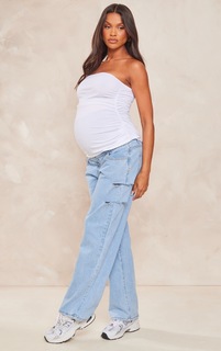 PrettyLittleThing Голубые мешковатые джинсы-бойфренды с асимметричной талией и низкой посадкой для беременных