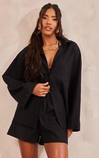 PrettyLittleThing Черная объемная рубашка с объемными рукавами из плетеной ткани