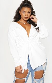 PrettyLittleThing Белая рубашка карго со сборками на талии Plus из искусственной замши