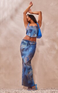 PrettyLittleThing Синяя юбка мидакси из эластичной ткани с принтом бабочек и низкой посадкой