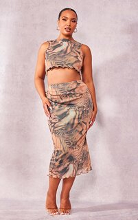 PrettyLittleThing Коричневая сетчатая юбка-миди с леопардовым принтом и подолом салата