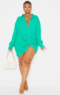 PrettyLittleThing Зеленое платье-рубашка с длинными рукавами и фактурной отделкой со сборками