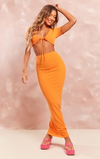 PrettyLittleThing Ярко-оранжевая юбка мидакси с низкой посадкой из фактурного трикотажа