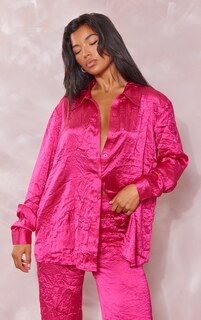 PrettyLittleThing Ярко-розовая рубашка оверсайз из жатого фактурного атласа на пуговицах