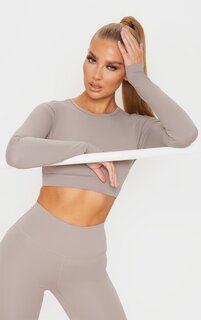 PrettyLittleThing Спортивный топ с длинными рукавами Taupe Sculpt Luxe