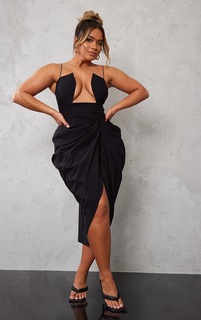 PrettyLittleThing Черное платье-миди со складками и ткаными вырезами