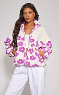 PrettyLittleThing Пурпурная плюшевая куртка с цветочным принтом