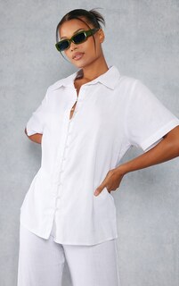 PrettyLittleThing Белая льняная рубашка свободного кроя с короткими рукавами и карманами на пуговицах