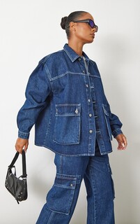 PrettyLittleThing Темно-синяя джинсовая куртка оверсайз с карманами на пуговицах