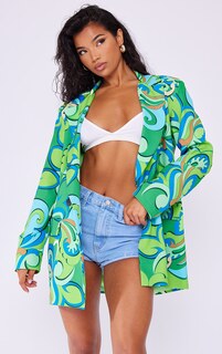 PrettyLittleThing Зеленый двубортный пиджак оверсайз с карманами и клапаном с принтом