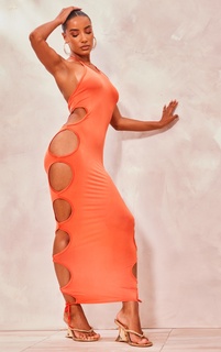 PrettyLittleThing Оранжевое облегающее платье мидакси с бретельками и экстремальным вырезом