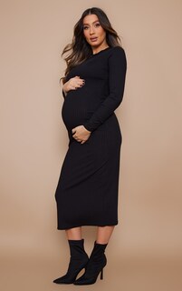 PrettyLittleThing Черное платье миди в рубчик с длинными рукавами для беременных