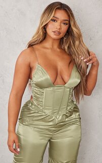 PrettyLittleThing Корсет Shape Sage Green Shell с рюшами и складками