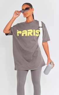 PrettyLittleThing Темно-серая объемная футболка с принтом Paris