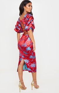 PrettyLittleThing Красное жаккардовое платье-миди со шнуровкой на спине с цветочным принтом