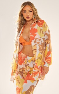 PrettyLittleThing Оранжевая пляжная рубашка оверсайз с мятой текстурой и цветочным принтом