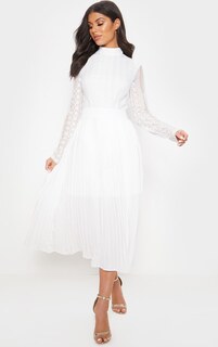 PrettyLittleThing Белое плиссированное платье-миди с кружевным верхом
