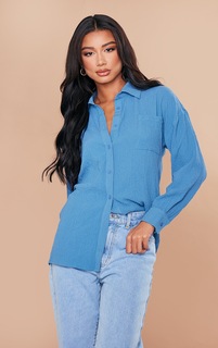 PrettyLittleThing Рубашка оверсайз с фактурным рисунком стального синего цвета и передними карманами