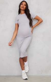 PrettyLittleThing Серое платье миди в рубчик с круглым вырезом для беременных