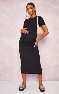 PrettyLittleThing Черное платье миди в рубчик с круглым вырезом для беременных