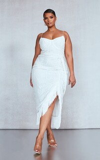 PrettyLittleThing Белое драпированное платье миди на косточках Devore с кисточками Plus