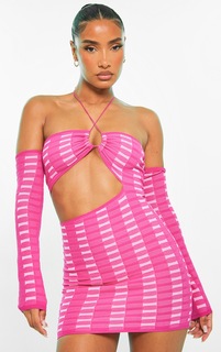 PrettyLittleThing Розовое двухцветное мини-платье квадратной вязки