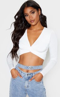 PrettyLittleThing Белый облегающий укороченный топ с длинными рукавами и закрученной передней частью