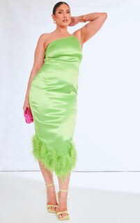 PrettyLittleThing Платье миди на одно плечо цвета лаймового атласа с отделкой перьями