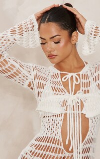 PrettyLittleThing Белый кардиган с длинными рукавами и завязкой спереди крючком