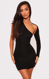 PrettyLittleThing Миниатюрное обтягивающее облегающее платье на одно плечо из ацетата черного цвета с вырезом
