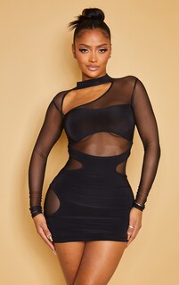 PrettyLittleThing Облегающее облегающее платье с длинными рукавами из черной сетки