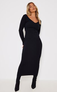 PrettyLittleThing Черное платье мидакси с широкими ребристыми V-образным вырезом и длинными рукавами