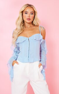 PrettyLittleThing Тканый корсет с открытыми плечами на крючках и оборками нежно-голубого цвета