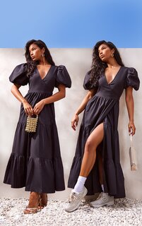 PrettyLittleThing Черное тканое платье мидакси с рукавами-буфами и запахом
