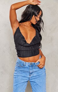 PrettyLittleThing Черный длинный топ на тонких бретельках с плиссированным капюшоном и принтом