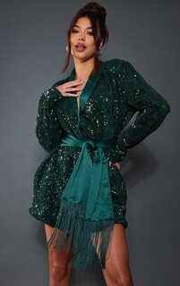 PrettyLittleThing Изумрудно-зеленое платье-блейзер с кисточками и пайетками