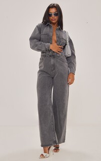 PrettyLittleThing Серый джинсовый комбинезон с накладными плечами и карманами-карго