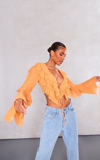 PrettyLittleThing Оранжевая блузка с расклешенными рукавами и оборкой спереди