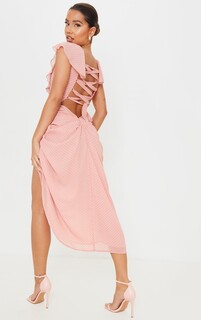 PrettyLittleThing Розовое платье-миди с драпировкой и шнуровкой в ​​горошек