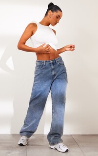 PrettyLittleThing Винтажные джинсы-бойфренды средней степени стирки с глубоким поясом сзади