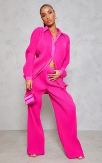 PrettyLittleThing Ярко-розовые широкие брюки плиссе с высокой талией