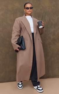 PrettyLittleThing Двубортное пальто с шерстяным эффектом темно-серого цвета макси-длины
