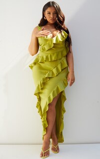 PrettyLittleThing Многослойное платье мидакси с атласной оборкой и плюсом оливкового цвета