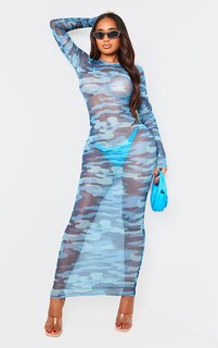 PrettyLittleThing Синее сетчатое платье макси с длинными рукавами и камуфляжным принтом