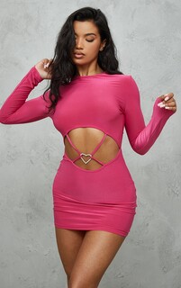 PrettyLittleThing Ярко-розовое обтягивающее облегающее платье с длинными рукавами и отделкой в ​​форме сердца