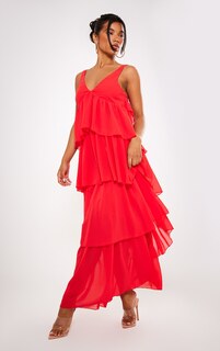 PrettyLittleThing Красное шифоновое многоярусное платье макси с открытой спиной